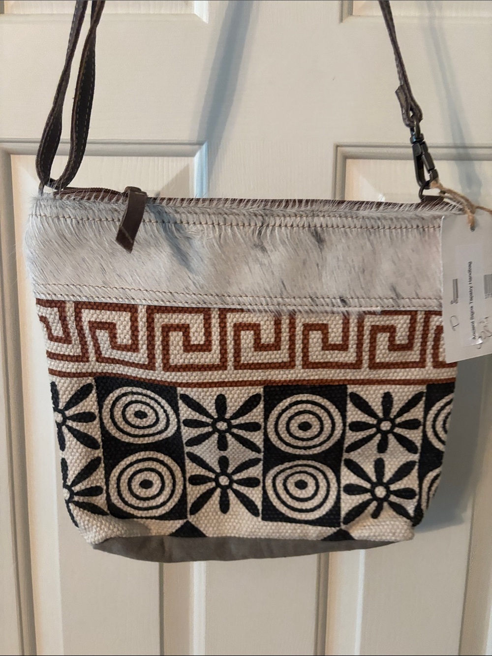 Patterned Canvas Crossbody Bag in Brown, tan & White